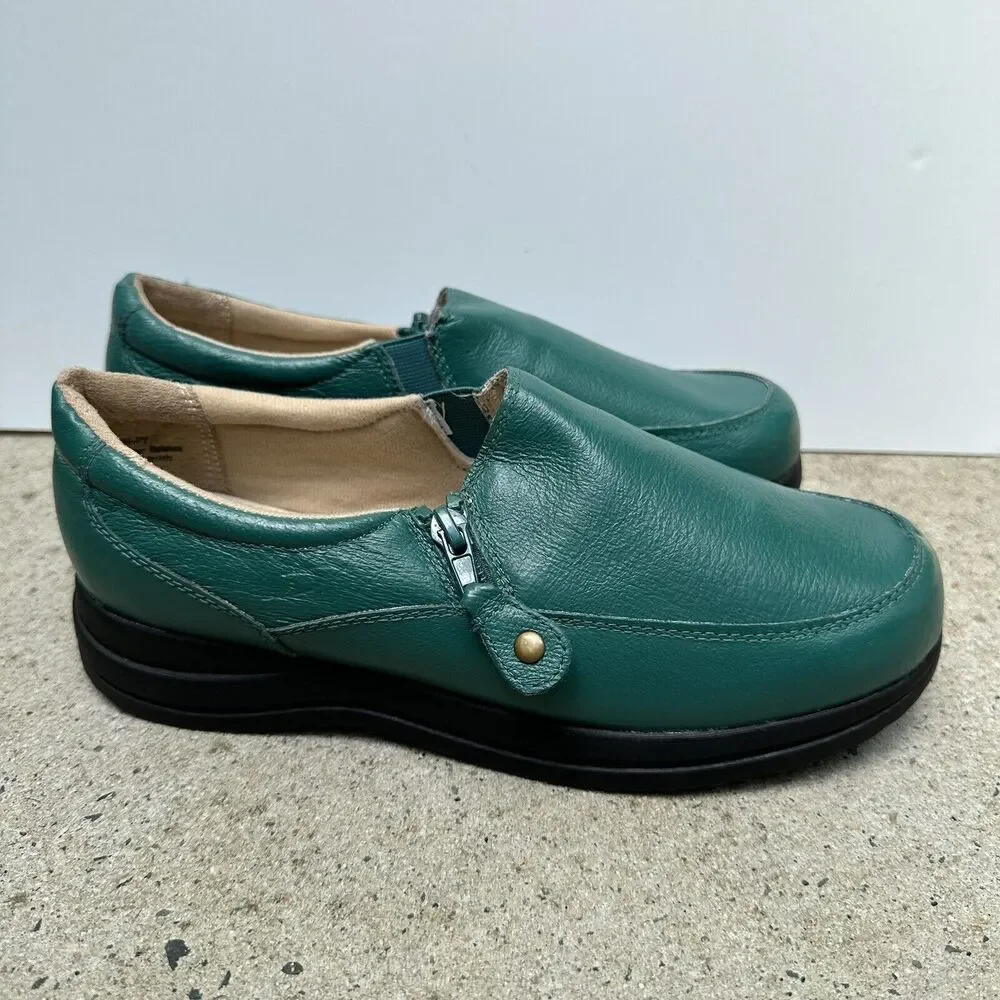 Dr Scholls Side Zip Loafers‎ Women Sz 8.5 W Green Comfort E4H-PY 902337 Leather